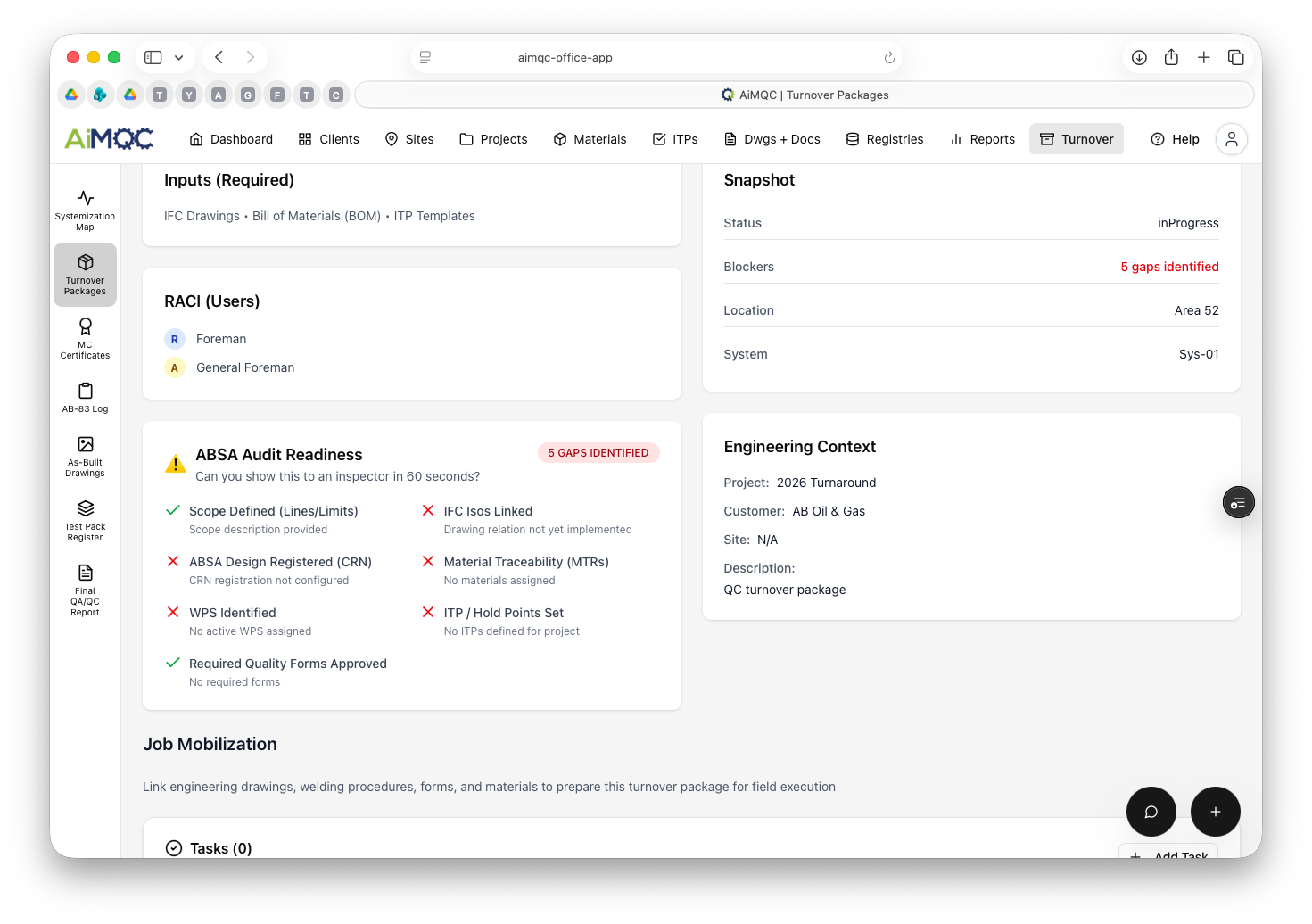 AiMQC — turnover package with audit-readiness gap register, RACI, engineering context, and snapshot